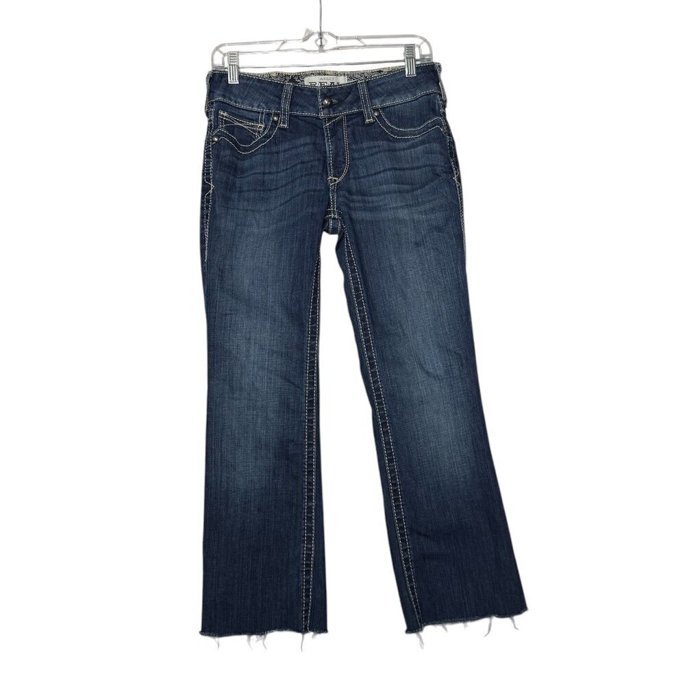 Ariat REAL Bootcut Riding Jeans Whipstitch Dark Blue Low Rise Fray Hem Size 28